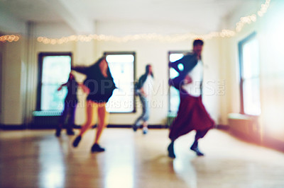 Buy stock photo Hip hop, blur and friends dance together, talent and performance and movement art class for competition. Dancer, music and people with diversity group with energy, fun and expression with joy