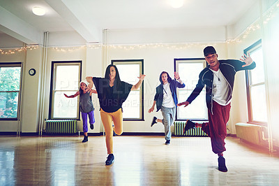 Buy stock photo Hiphop, class and friends dancing together, talent and performance and movement art practice for competition. Dancer, music and culture with diversity group with energy, fun and expression for joy