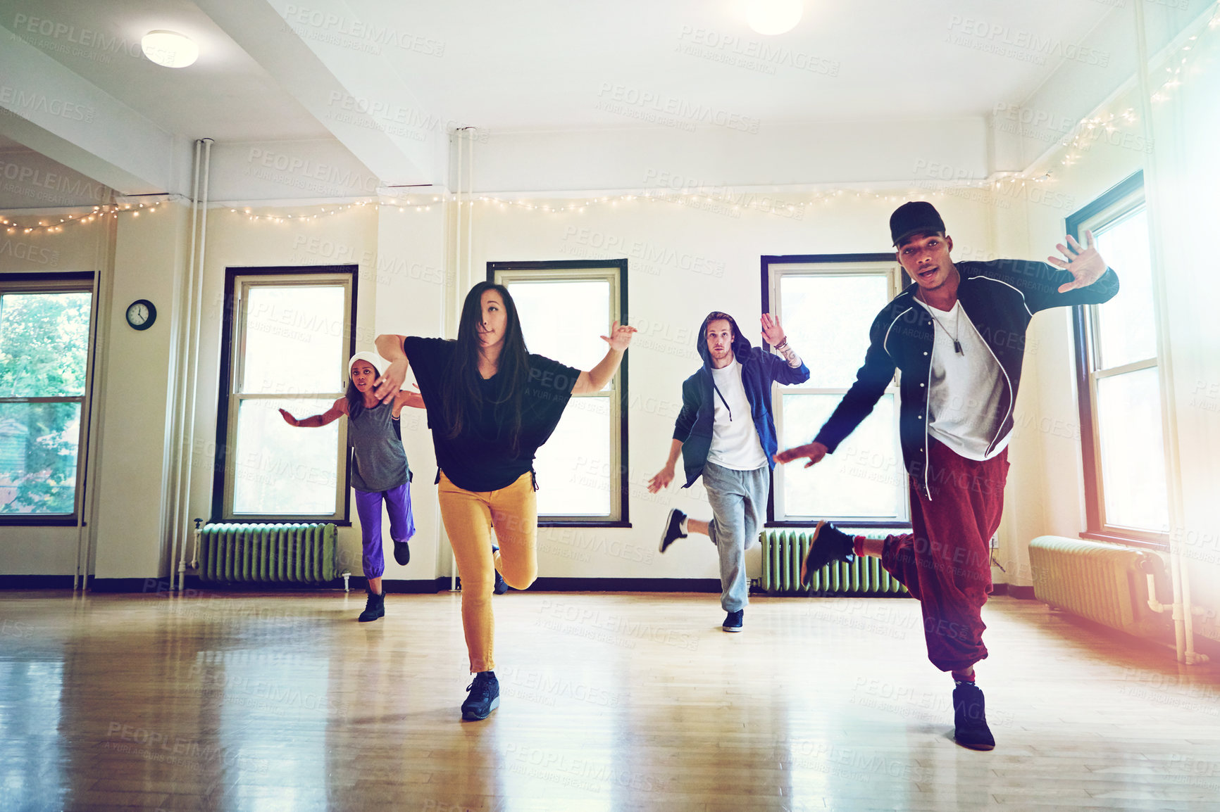 Buy stock photo Hiphop, class and friends dancing together, talent and performance and movement art practice for competition. Dancer, music and culture with diversity group with energy, fun and expression for joy