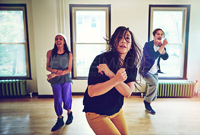 Buy stock photo Hiphop, class and woman dance together, talent and performance and movement art practice for competition. Dancer, music and culture with diversity friends with energy, fun and expression for joy