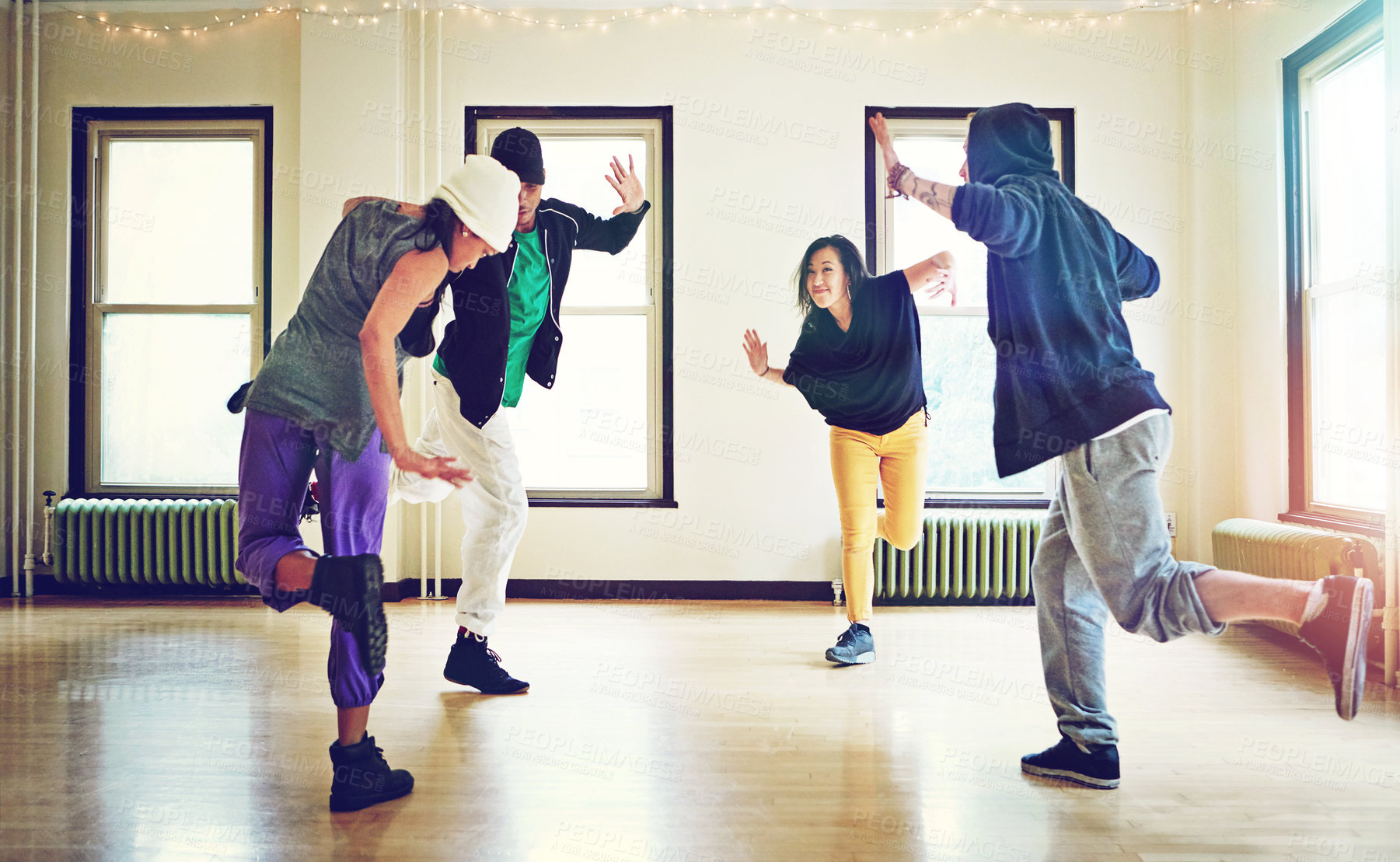 Buy stock photo Hip hop, class and practice dance together, talent and performance and movement art group for competition. Dancer, music and culture with diversity friends with energy, fun and expression for joy