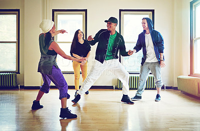 Buy stock photo Hiphop, class and group dancing together, talent and performance and movement art practice for competition. Dancer, music and culture with diversity friends with energy, fun and expression for joy