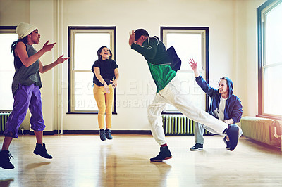 Buy stock photo Hip hop, class and group dancer energy, talent and performance and movement art practice for competition. Dance, music and culture with diversity friends with style, fun and expression for joy