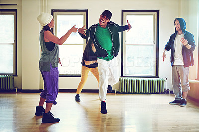 Buy stock photo Hiphop, class and group dancing movement, talent and performance and art practice together for competition. Dancer, music and culture with diversity friends with energy, fun and expression for joy