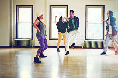 Buy stock photo Hiphop, class and group dancer movement, talent and performance and people practice together for competition. Dance, music and culture with diversity friends with energy, fun and art expression