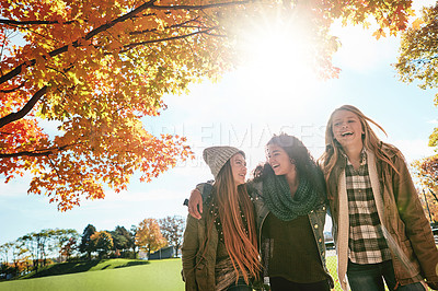 Buy stock photo Shot of a group of young friends enjoying a day at the park together