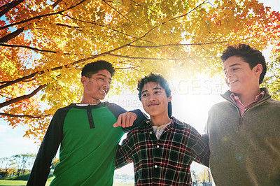 Buy stock photo Shot of a group of young friends enjoying a day at the park together