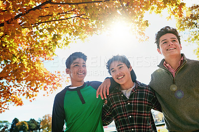 Buy stock photo Shot of a group of young friends enjoying a day at the park together