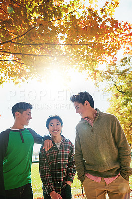 Buy stock photo Happy, boys or friends in park together for summer holiday, school break or support. Smiling, young men or group of teenagers walking in forest for talking, connection and outdoor adventure in sun