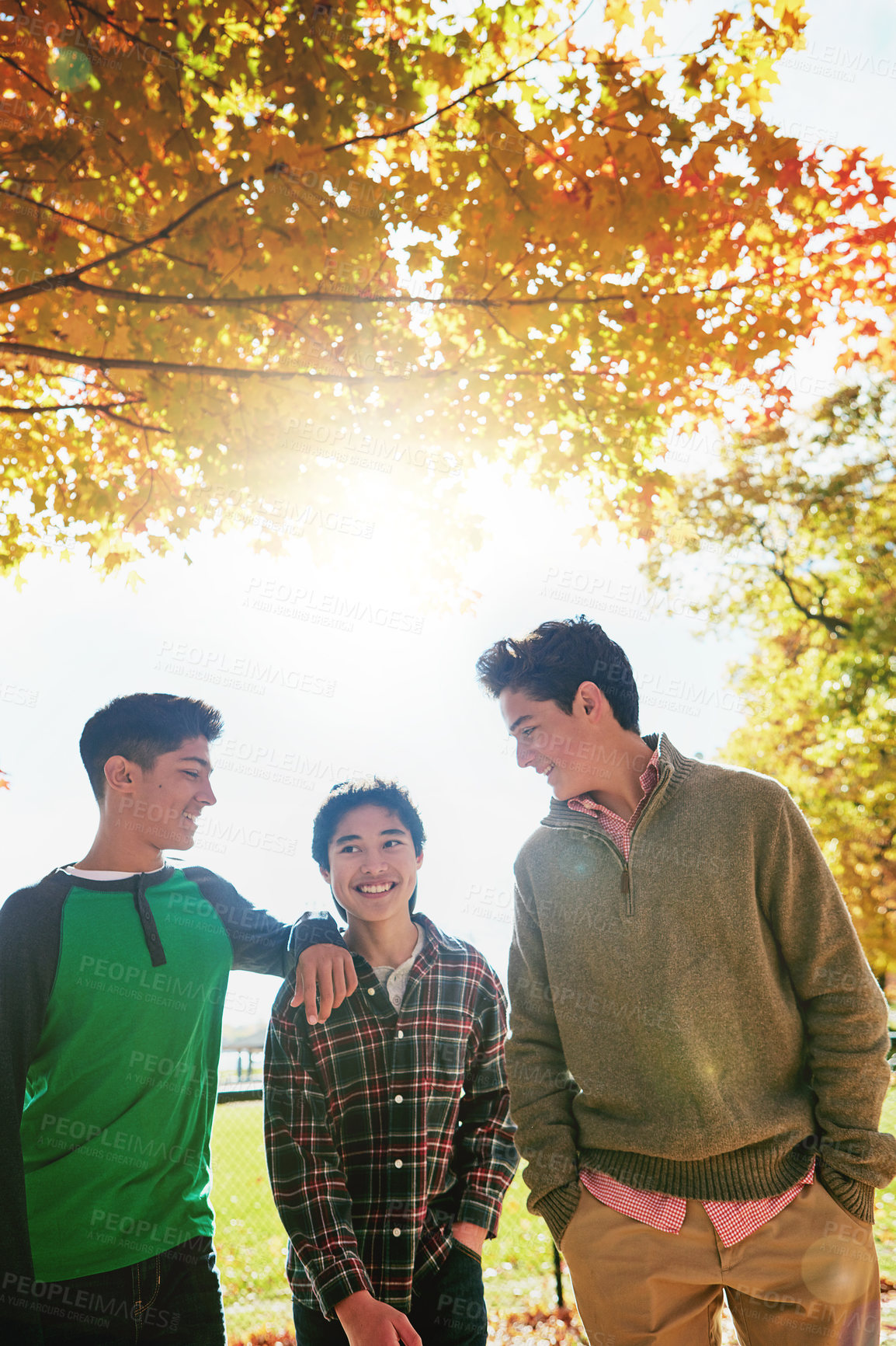 Buy stock photo Happy, boys or friends in park together for summer holiday, school break or support. Smiling, young men or group of teenagers walking in forest for talking, connection and outdoor adventure in sun