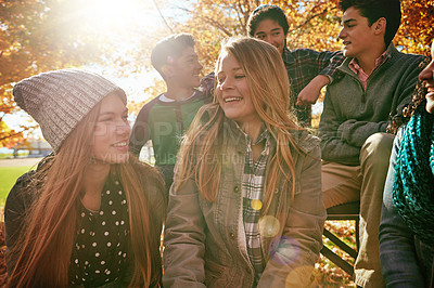 Buy stock photo Talking, teenagers and friends outdoor in park for relaxing day on summer vacation of semester break, together and happy. Group, diversity and trees in garden on holiday in New Zealand and lens flare