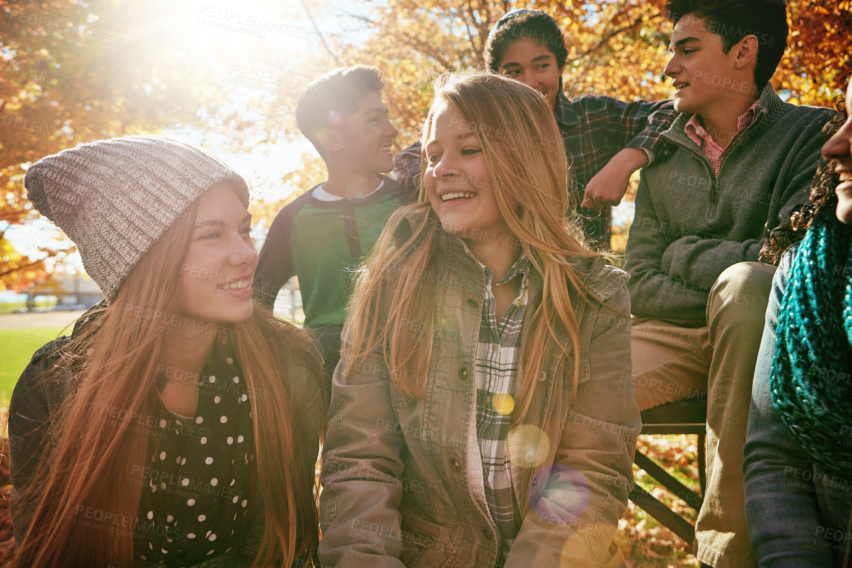 Buy stock photo Talking, teenagers and friends outdoor in park for relaxing day on summer vacation of semester break, together and happy. Group, diversity and trees in garden on holiday in New Zealand and lens flare