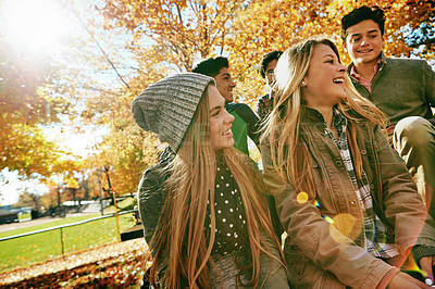 Buy stock photo Laughing, talking and friends outdoor in park for relaxing day on summer vacation of semester break, together and bonding. Group, people and trees in garden on holiday in New Zealand and lens flare.