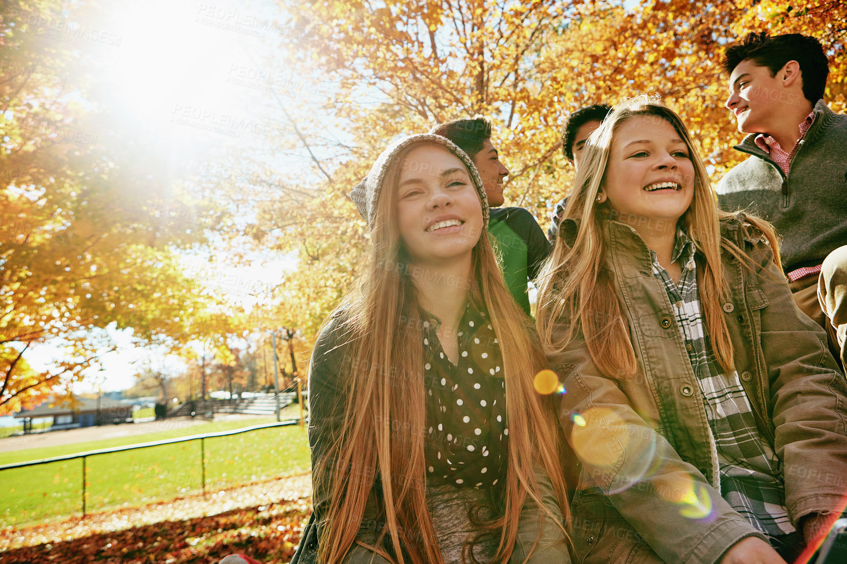 Buy stock photo Smile, teenagers and friends outdoor in park for relaxing day on summer vacation of semester break, together and talking. Group, diversity and trees in garden on holiday in New Zealand and lens flare