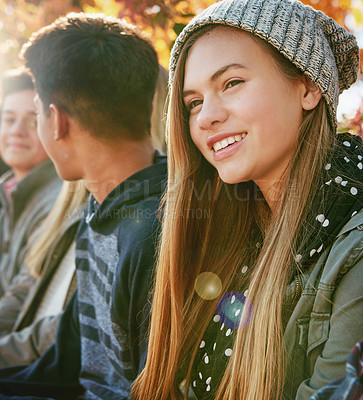 Buy stock photo Nature, smile and group of teenagers on vacation, adventure or weekend trip together in Autumn. Happy, travel and young friends on holiday sitting in outdoor garden, park or field in New Zealand.