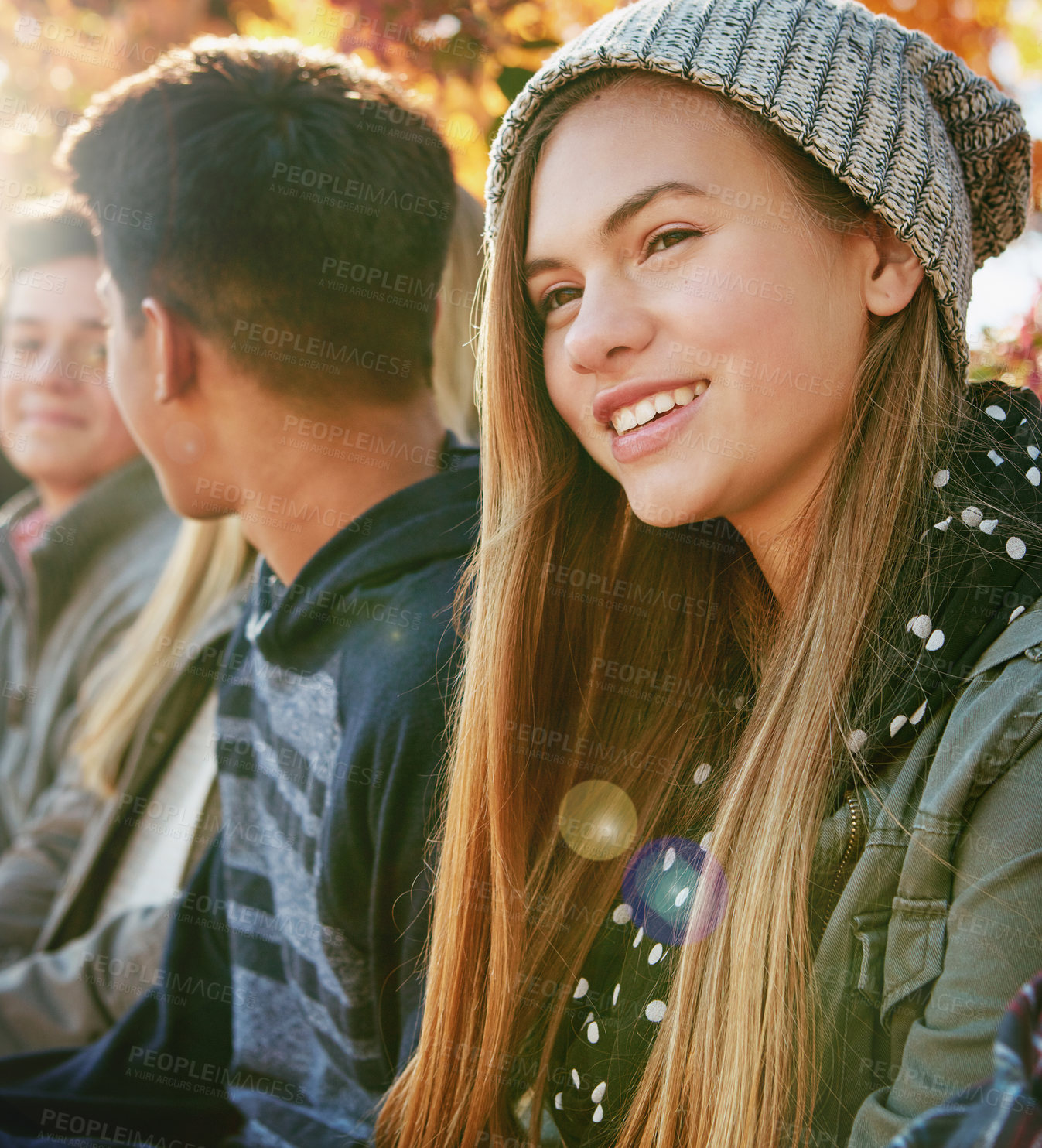 Buy stock photo Nature, smile and group of teenagers on vacation, adventure or weekend trip together in Autumn. Happy, travel and young friends on holiday sitting in outdoor garden, park or field in New Zealand.