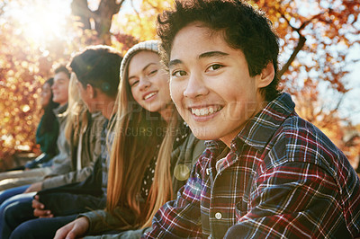 Buy stock photo Teenager, group and portrait in park, boy and together on holiday, nature and relax by trees. Youth culture, happy friends and gen z school kids in sunshine, woods or garden for vacation in Canada