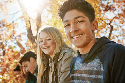 Buy stock photo Teenager, friends and portrait in park, boy and diversity on holiday, nature and relax by trees. Youth culture, happy group and gen z school kids in sunshine, woods or garden for vacation in Canada