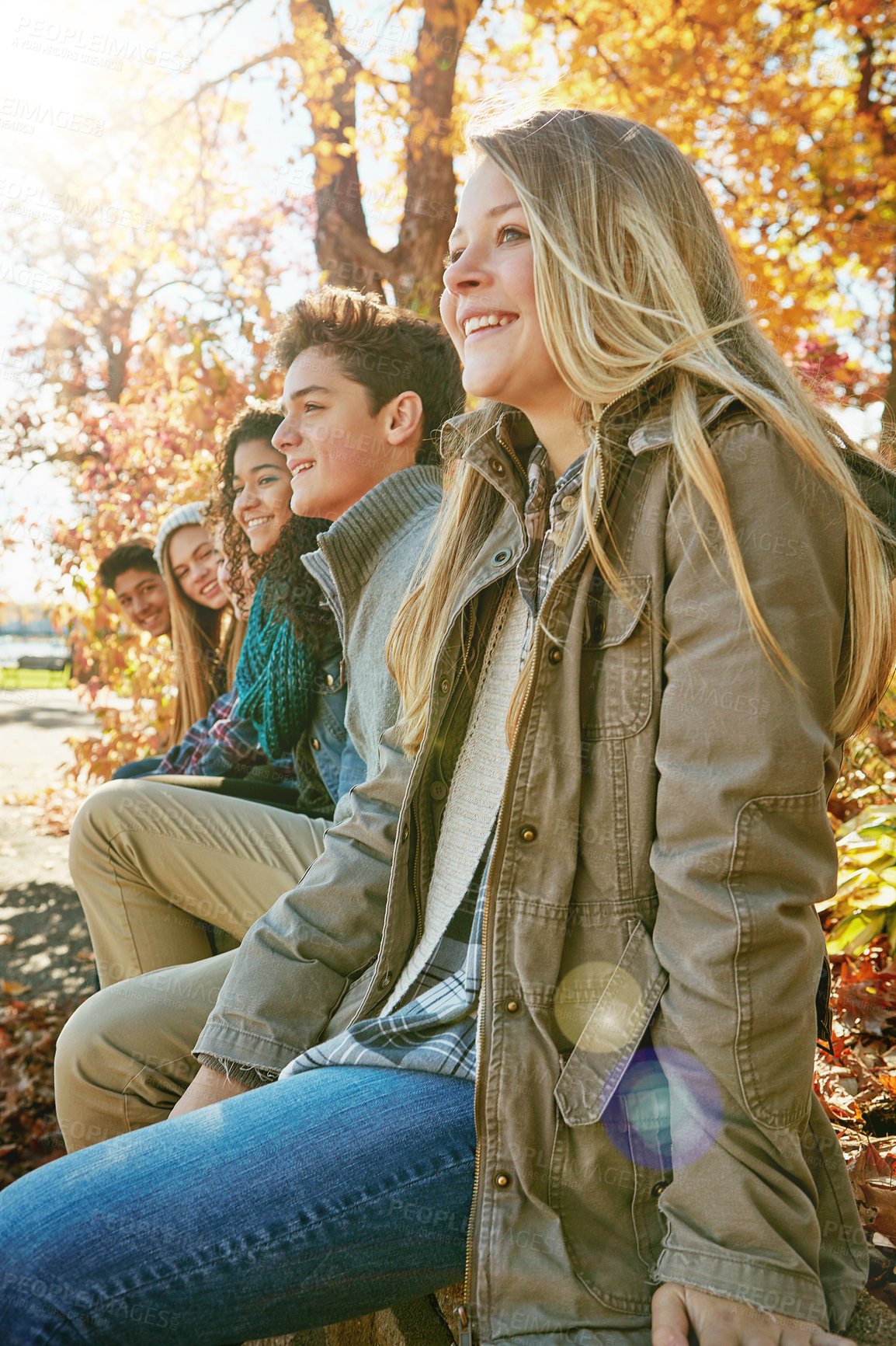 Buy stock photo Nature, happy and group of teenagers travel on vacation, adventure or weekend trip together in Autumn. Smile, gen z and young friends on holiday sit in outdoor garden, park or field in New Zealand.