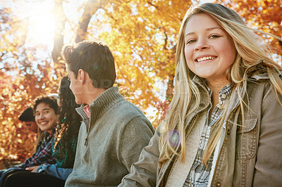 Buy stock photo Nature, adventure and group of teenagers on vacation, or weekend trip together in Autumn countryside. Smile, travel and young friends on holiday sit in outdoor garden, park or field in New Zealand.