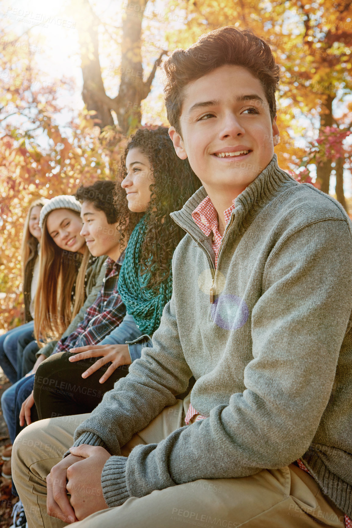 Buy stock photo Shot of a group of young friends enjoying a day at the park together