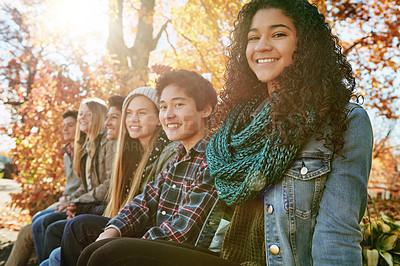 Buy stock photo Portrait, smile and group with autumn, park and nature for college break and bonding. Friends, forest and diversity with confident, gen z and Canada vacation or university holiday together in woods