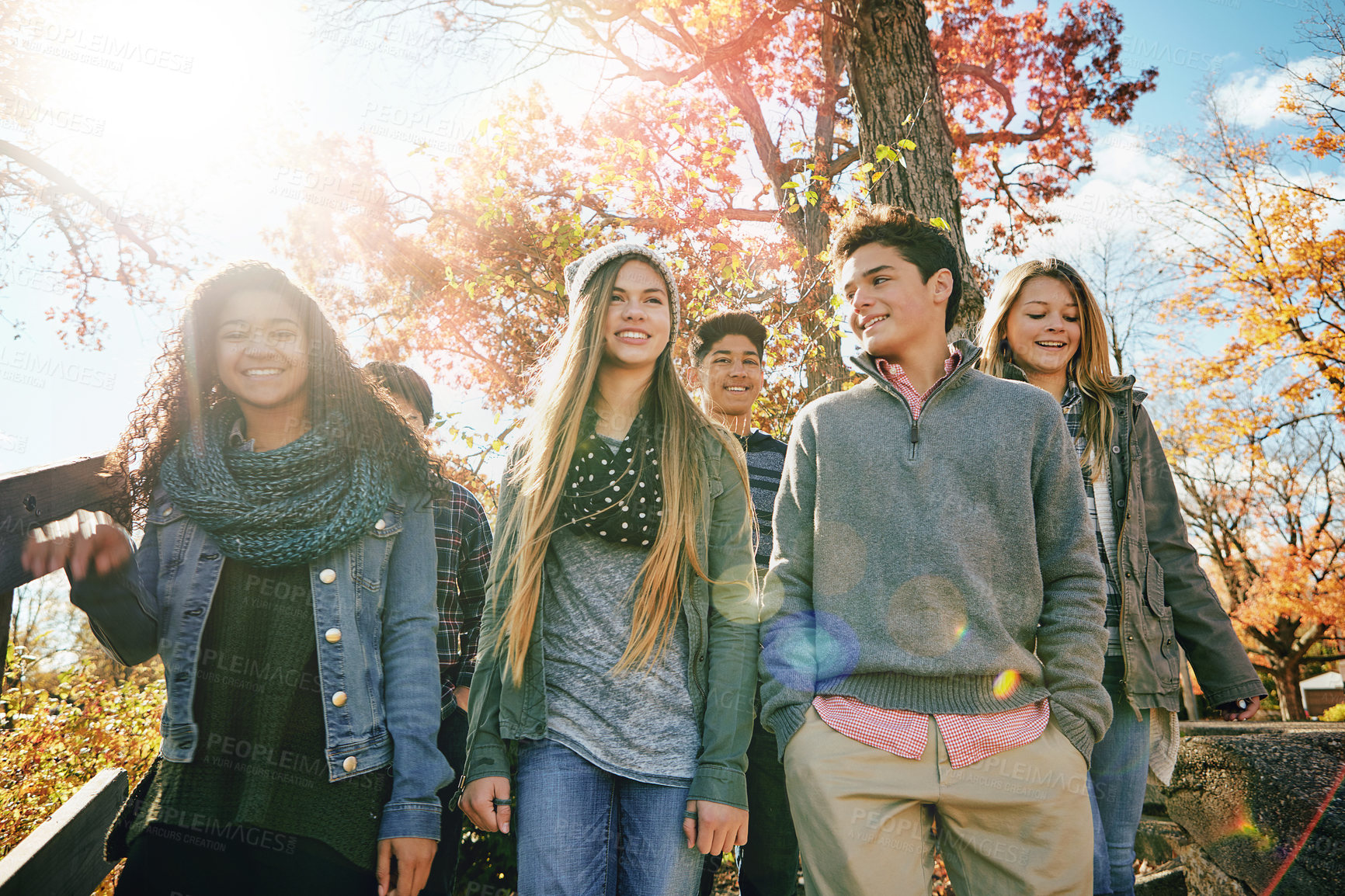 Buy stock photo Shot of a group of teenage friends enjoying an autumn day outside together