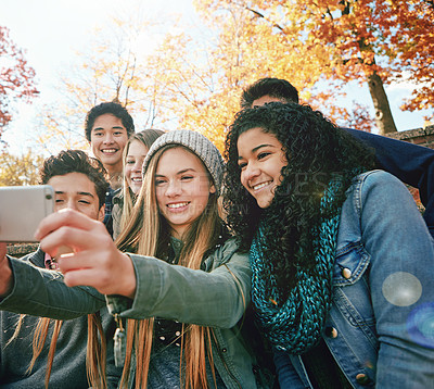 Buy stock photo Selfie, young or friends in park for social media, online post or profile picture in nature. Smile, teenage group of boys or happy gen z girls taking photograph on fun holiday vacation together 