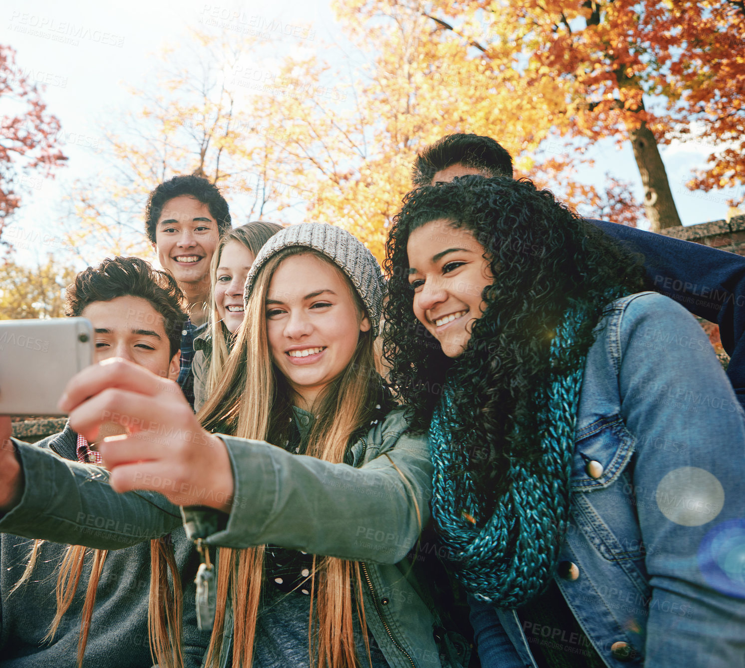 Buy stock photo Selfie, young or friends in park for social media, online post or profile picture in nature. Smile, teenage group of boys or happy gen z girls taking photograph on fun holiday vacation together 