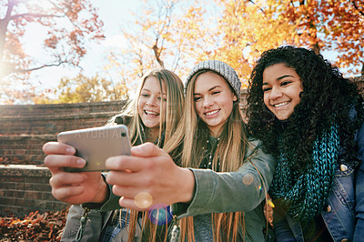 Buy stock photo Selfie, happiness or girl friends in park for social media, online post or profile picture together. Autumn, diversity or gen z girls with smile for photo on a fun holiday vacation to relax in nature