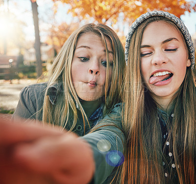 Buy stock photo Selfie, funny face or girl friends in park for social media, online post or profile picture in nature. Playful, freedom or happy gen z or teenage people photograph for memory on a holiday vacation