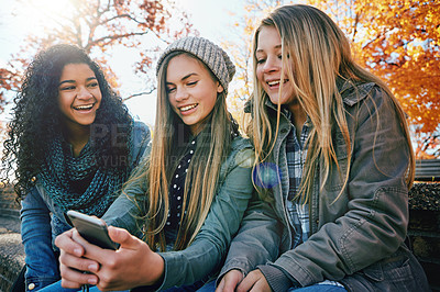 Buy stock photo Phone, meme or girl friends in park with smile together for holiday vacation outdoors on social media. Friendship, gossip or happy gen z people in nature talking, speaking or laughing at a funny joke