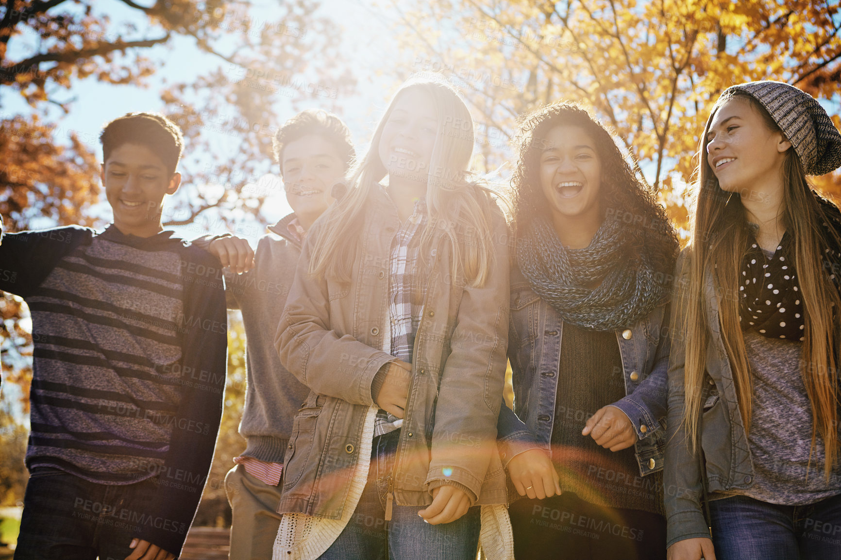 Buy stock photo Shot of a group of teenage friends enjoying an autumn day outside together