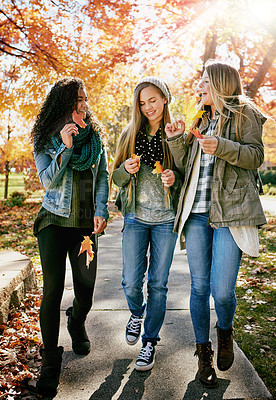 Buy stock photo Shot of a group of teenage friends enjoying an autumn day outside together