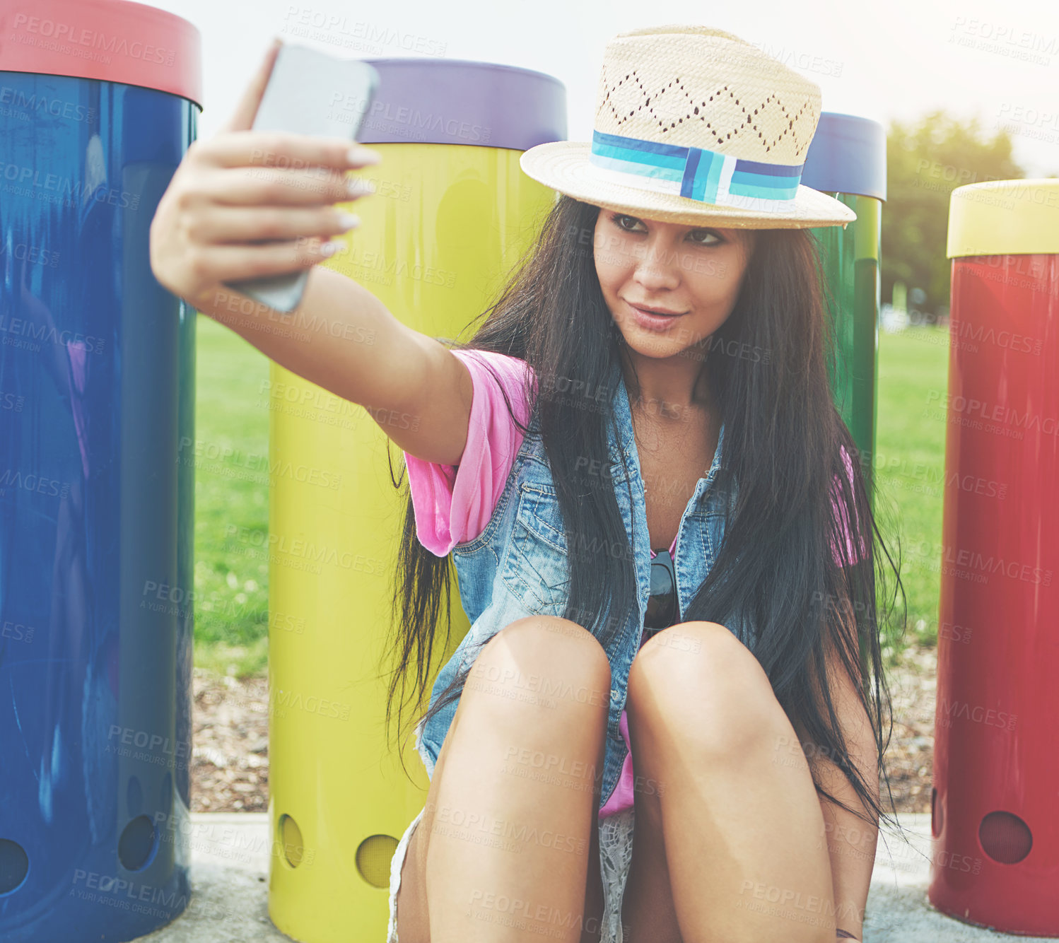 Buy stock photo Smile, girl and selfie in park outdoor for profile picture on social media or memory of summer vacation in California. Woman, sunshine and holiday with photography or live blog for content creation.