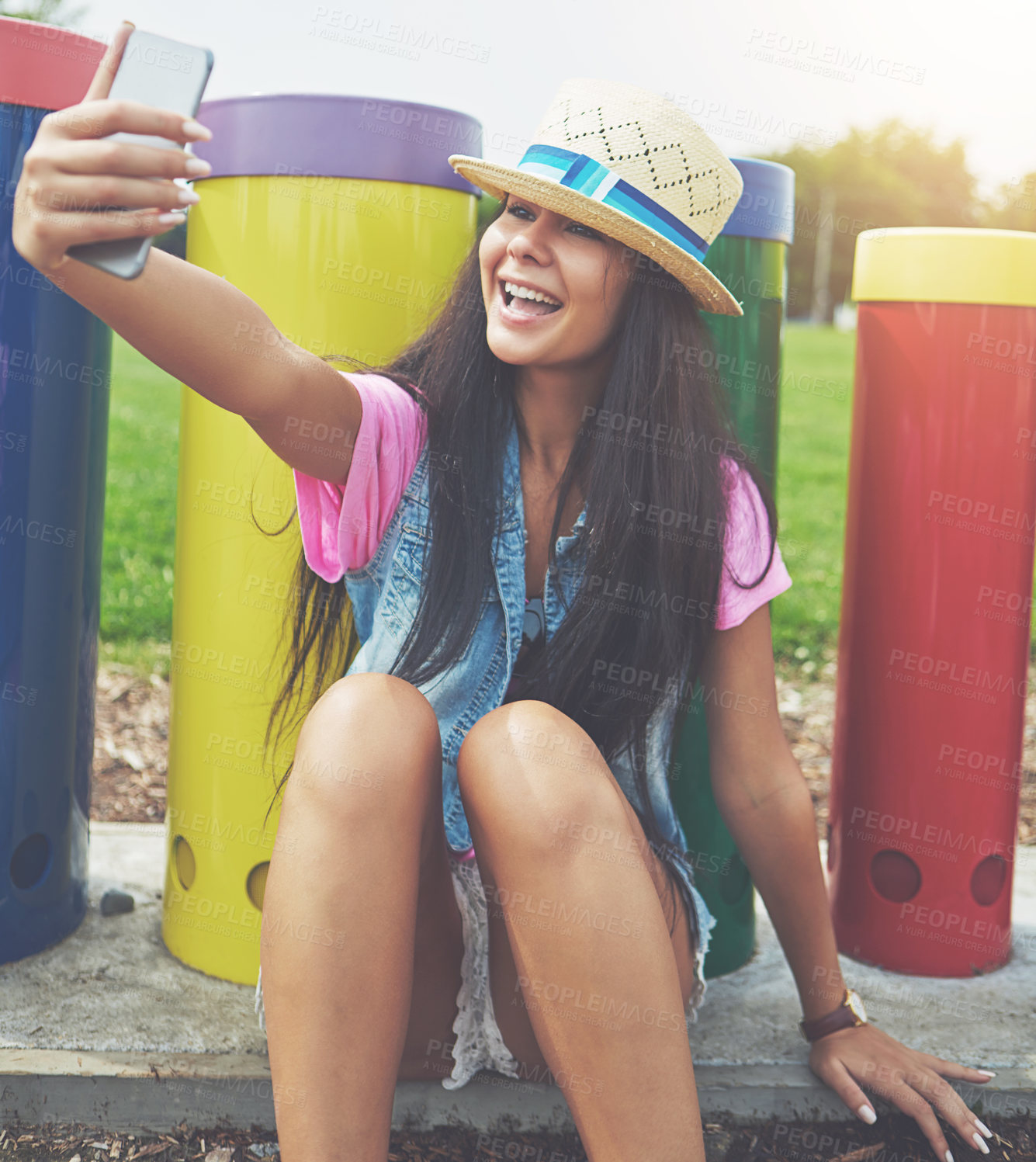 Buy stock photo Happy, girl and selfie in park outdoor for profile picture on social media or memory of summer vacation in California. Woman, sunshine and holiday with photography or live blog for content creation.