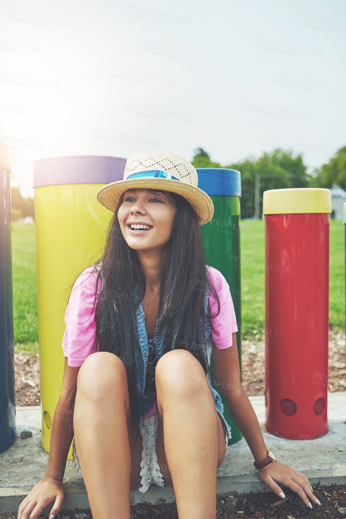 Buy stock photo Cropped shot of an attractive young woman spending a day in the park