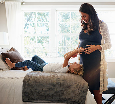 Buy stock photo Home bed, pregnant woman and child touch stomach, abdomen and happiness for moving baby check. Expectation, maternity and kid check life growth, pregnancy or belly of mother, mom or mama in bedroom