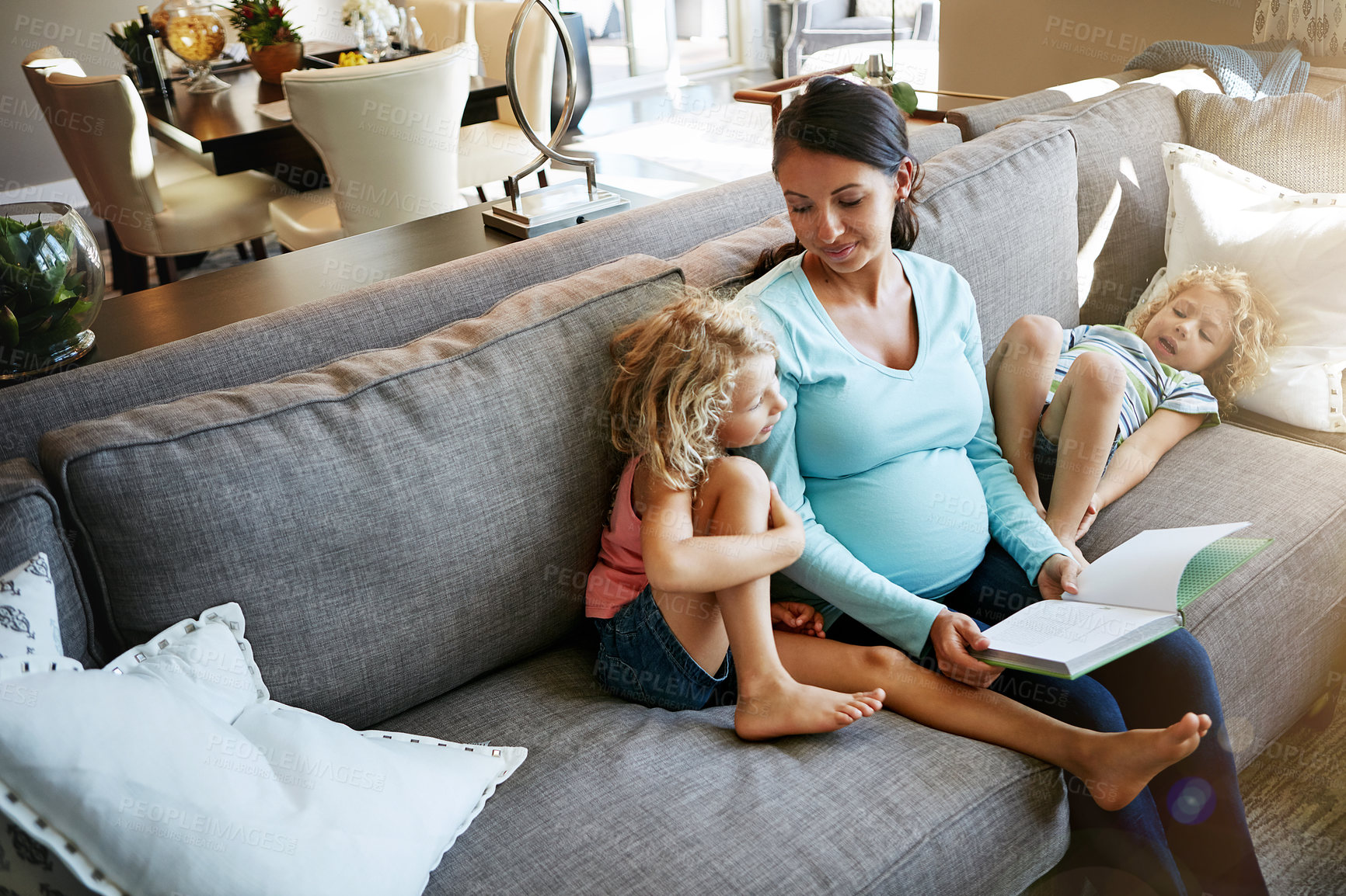 Buy stock photo Pregnant mother, children and reading book in family home for relax, learning or storytelling. Pregnancy, kids and mom with literature in living room for education, development or bonding with parent