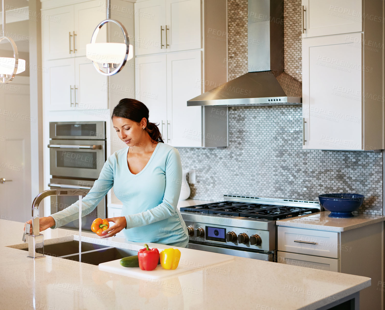 Buy stock photo Pregnant, clean or woman at faucet with vegetables, dirt removal or balanced diet in healthy eating. Nutrition, sink or female person with bell pepper, organic meal or wash ingredients in maternity.