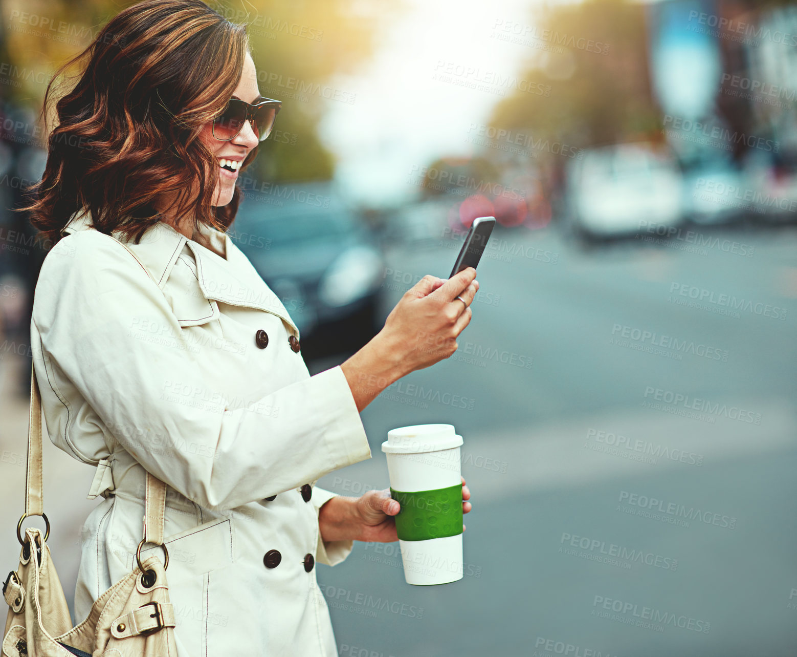 Buy stock photo Cropped shot of a happy young woman going for a walk around the city