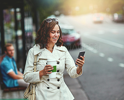 Buy stock photo Cropped shot of a happy young woman going for a walk around the city