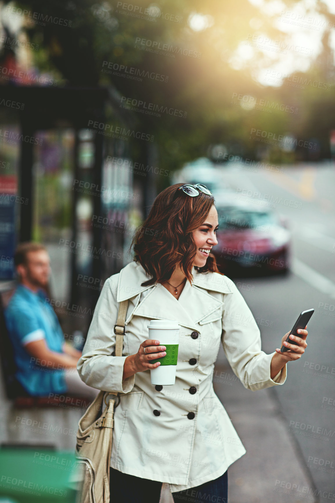 Buy stock photo Cropped shot of a happy young woman going for a walk around the city