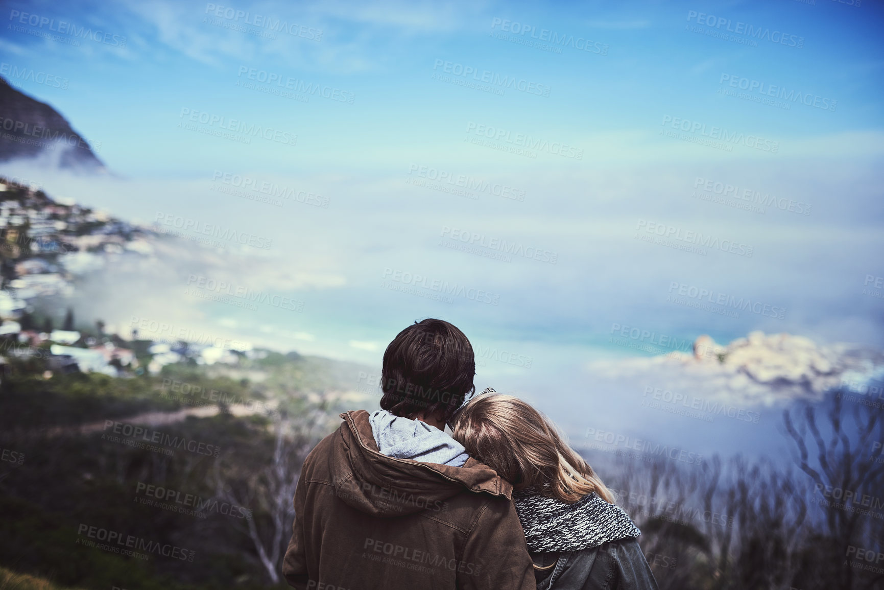 Buy stock photo Blue sky, nature and back of couple with love for adventure, discovery or journey with peace. Calm, romantic and mockup by clouds with man and woman on date with holiday trip together in Germany.