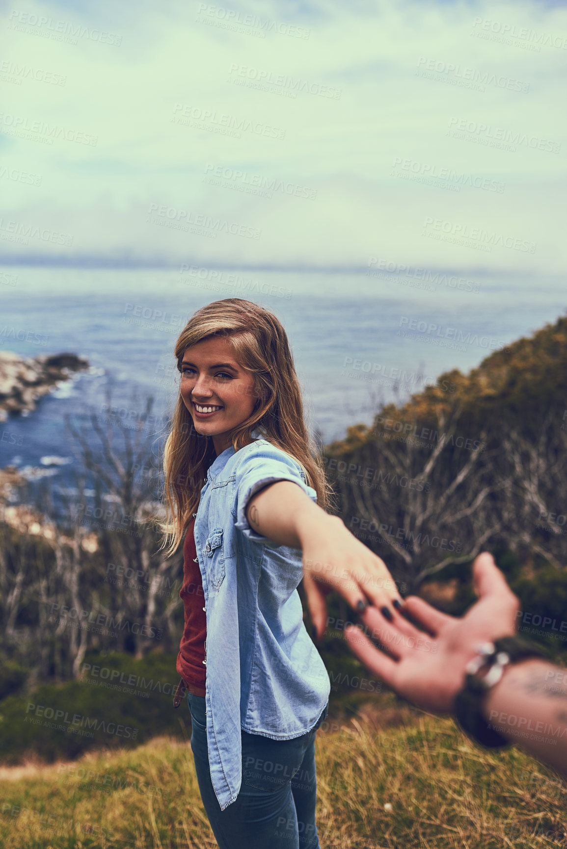 Buy stock photo Holding hands, pov and happy couple with smile for adventure, discovery or journey with love. Mountains, honeymoon romance or man with woman on fun outdoor date or holiday trip together in Germany