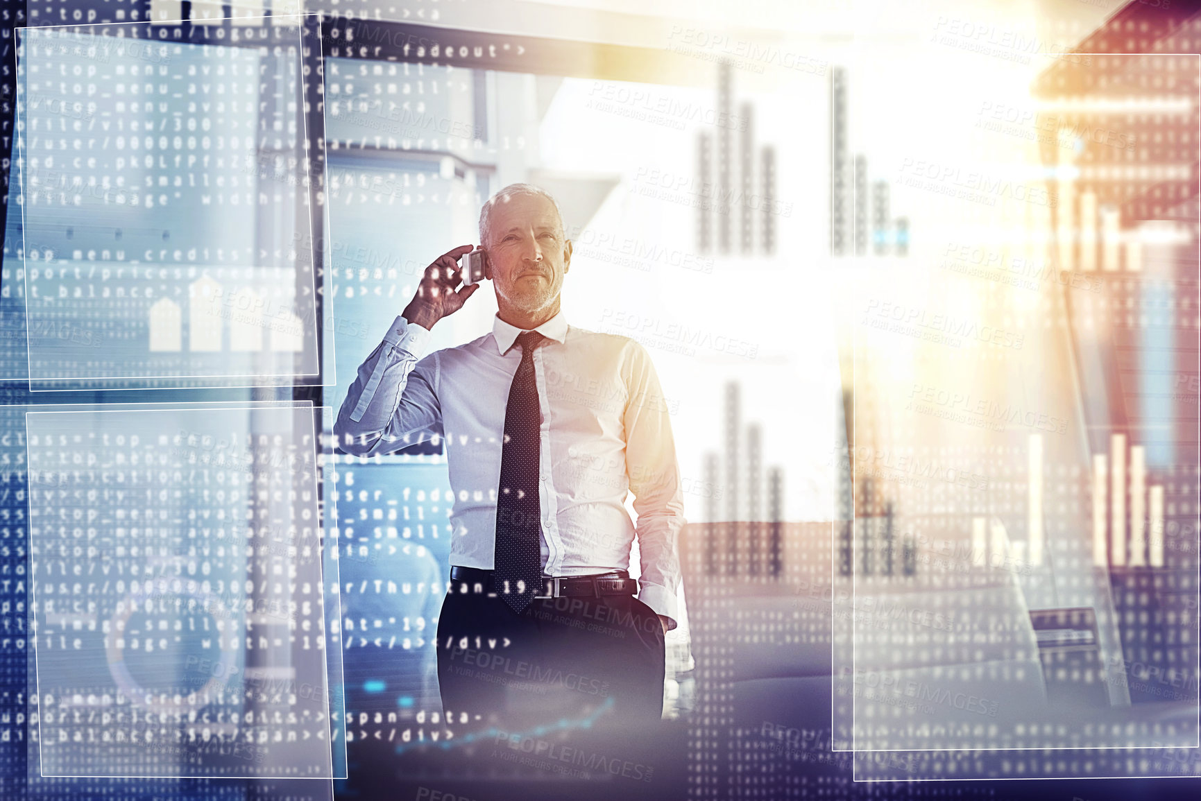 Buy stock photo Cropped shot of a mature businessman working on programming code