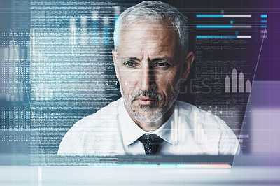Buy stock photo Cropped shot of a mature businessman working on programming code