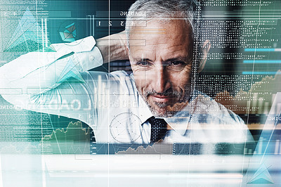 Buy stock photo Cropped shot of a mature businessman working on programming code