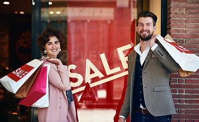 Buy stock photo Shopping, sale sign and portrait of couple in city with bags for clothing deal, discount and store promotion. Fashion, boutique mall and man and woman with purchase for bonding, travel and products