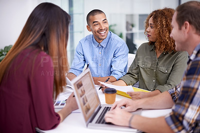 Buy stock photo Meeting, laptop and business people in office for idea, collaboration or planning project. Professional, diversity and staff with technology for teamwork, review or discussion at interior design firm